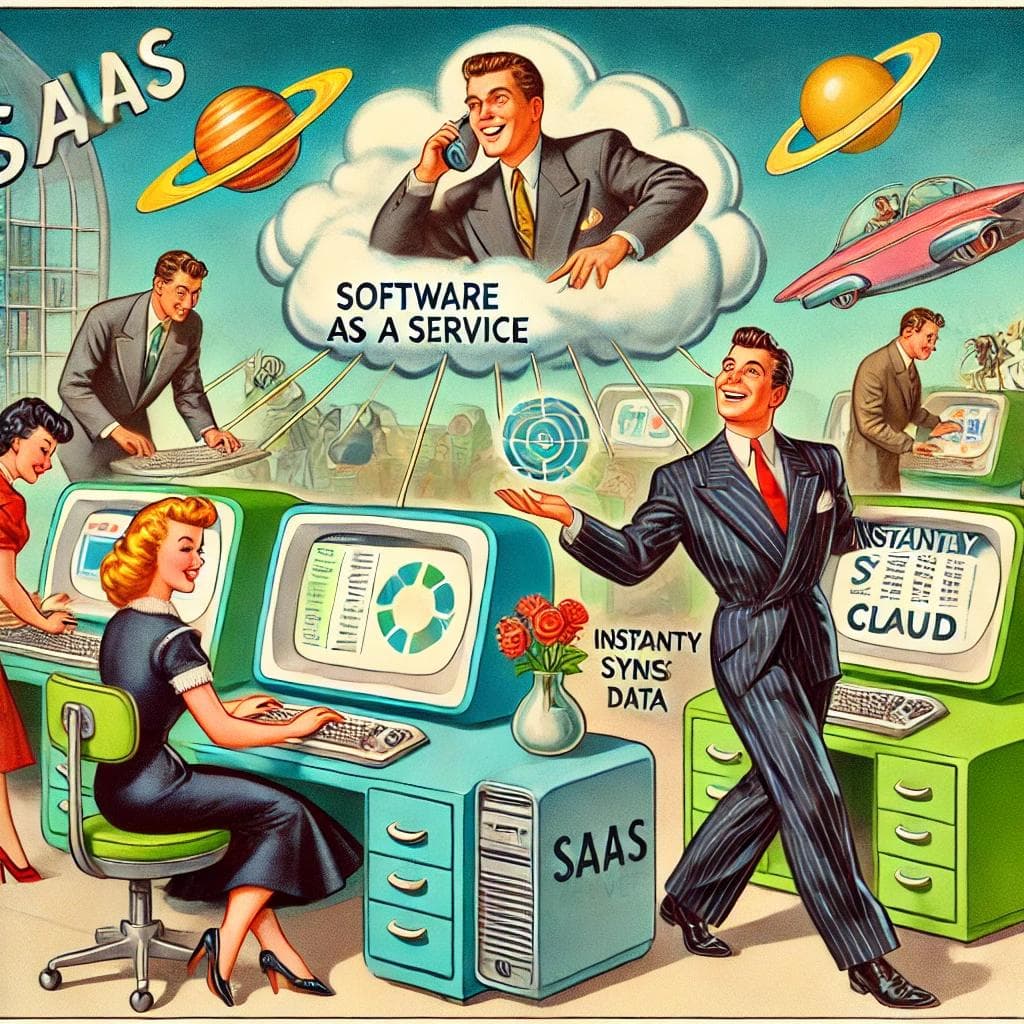 SaaS use-case image. Several people around computers in the 1950, contemplating what SaaS would look like in the future. SaaS use-case image. Several people around computers in the 1950, contemplating what SaaS would look like in the future.
