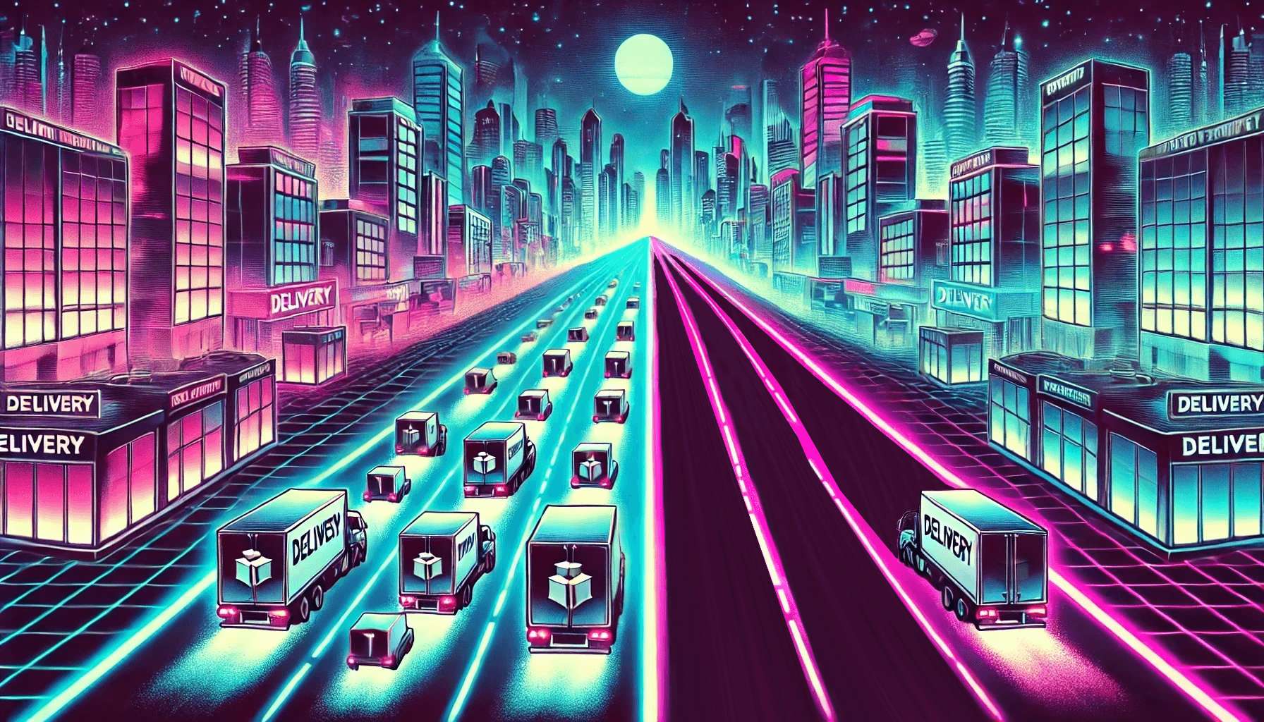 An 80s comic book-style illustration depicting two parallel empty roads in a futuristic, neon-lit cyberpunk cityscape. An 80s comic book-style illustration depicting two parallel empty roads in a futuristic, neon-lit cyberpunk cityscape.