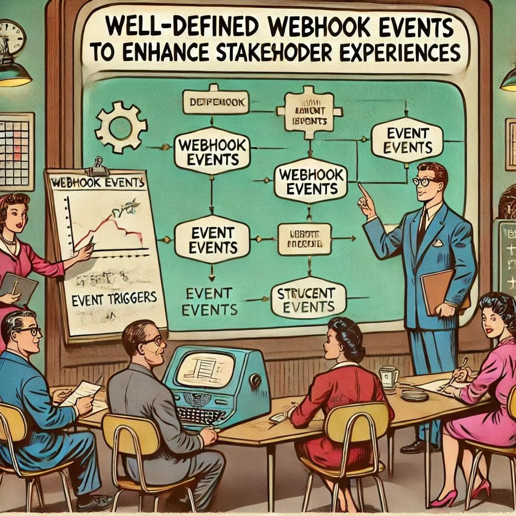 The importance of well-defined webhook image. The image depicts several people looking at a chalk board of well defined webhook events. The importance of well-defined webhook image. The image depicts several people looking at a chalk board of well defined webhook events.
