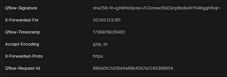 An image showing the Q-Flow headers stipulating the Q-Flow timestamp, Request ID and Signature. An image showing the Q-Flow headers stipulating the Q-Flow timestamp, Request ID and Signature.