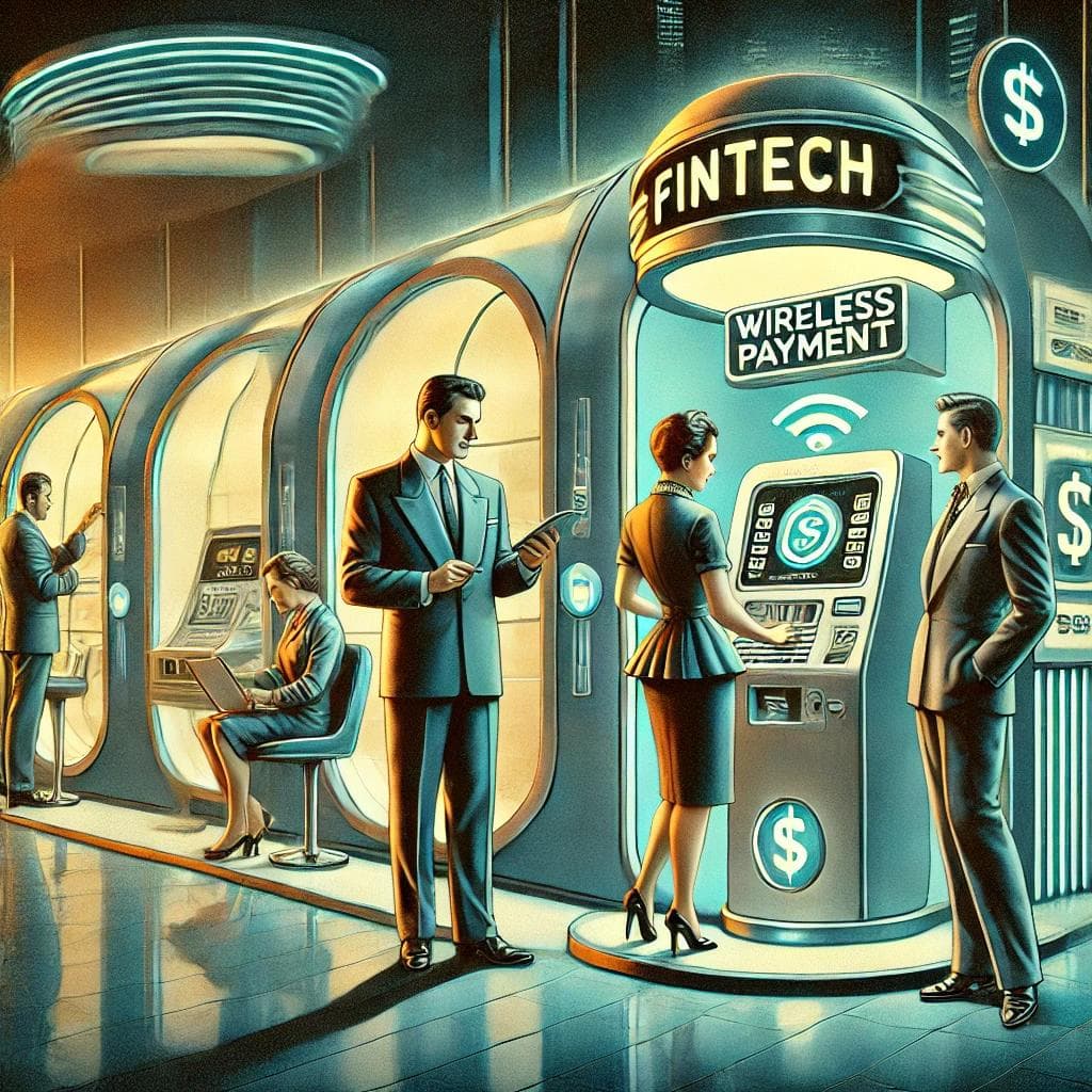 1950s-style illustration of a futuristic Fintech use case. 1950s-style illustration of a futuristic Fintech use case.