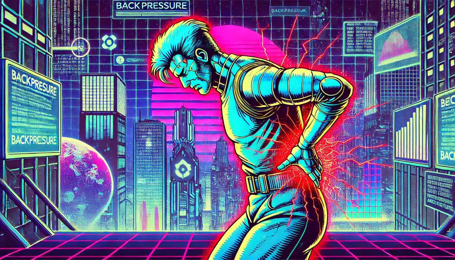 An 80s comic book-style illustration depicting the concept of backpressure in a futuristic, cyberpunk-inspired way. An 80s comic book-style illustration depicting the concept of backpressure in a futuristic, cyberpunk-inspired way.