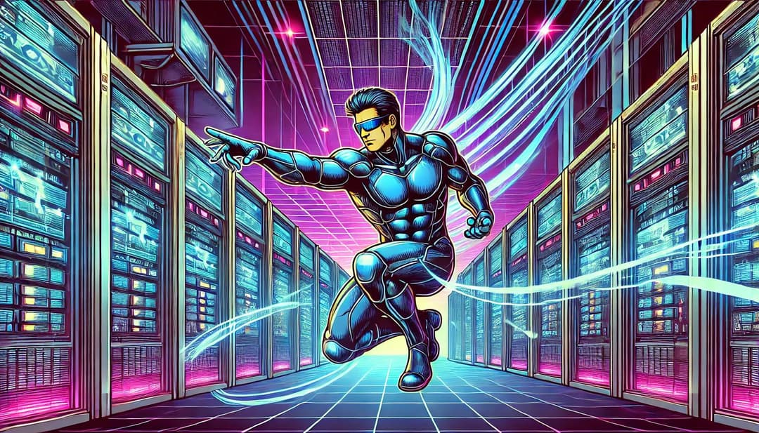 A futuristic scene where a superhero is in a server room.  A futuristic scene where a superhero is in a server room.