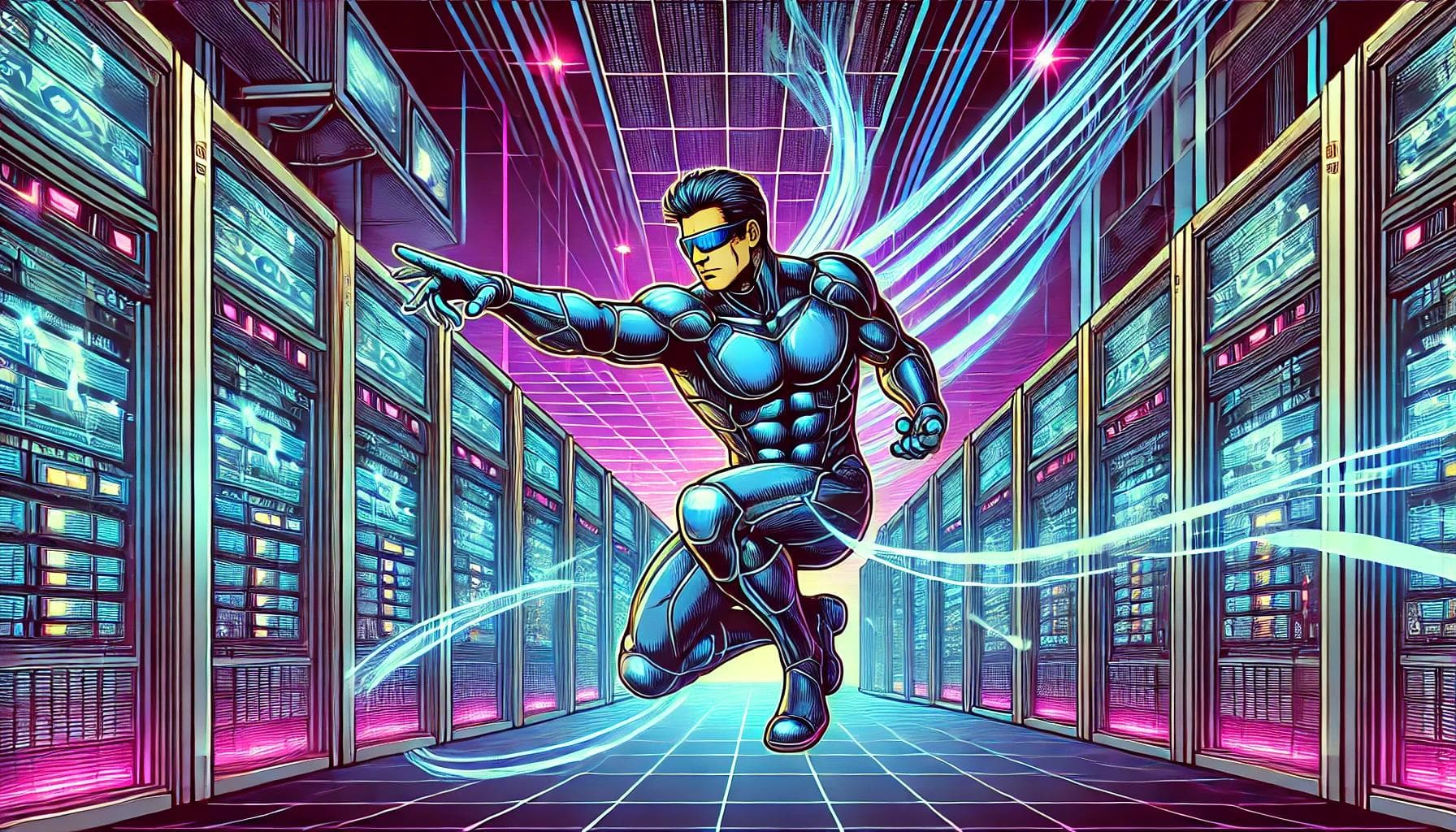 A futuristic illustration of a cybernetic superhero in a high-tech data center. A futuristic illustration of a cybernetic superhero in a high-tech data center.