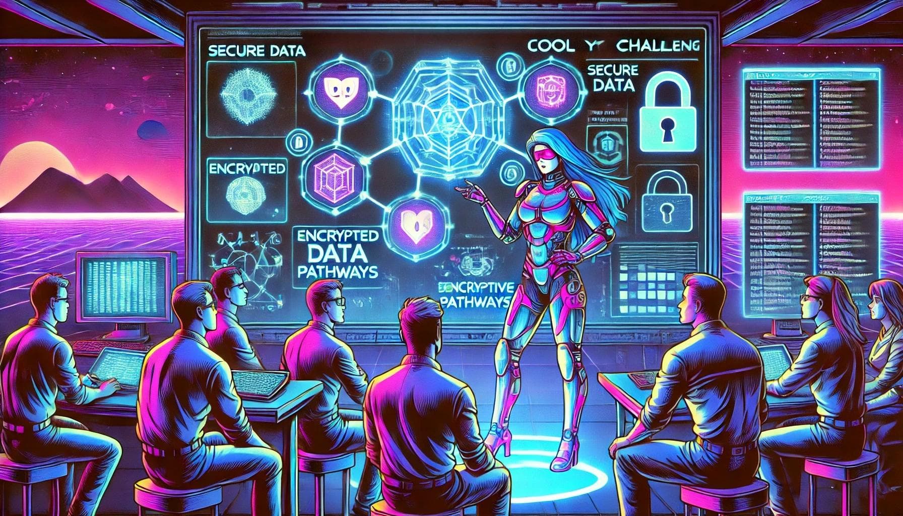 A futuristic illustration of a cybernetic superhero explaining security and secure data in EDAs.  A futuristic illustration of a cybernetic superhero explaining security and secure data in EDAs.