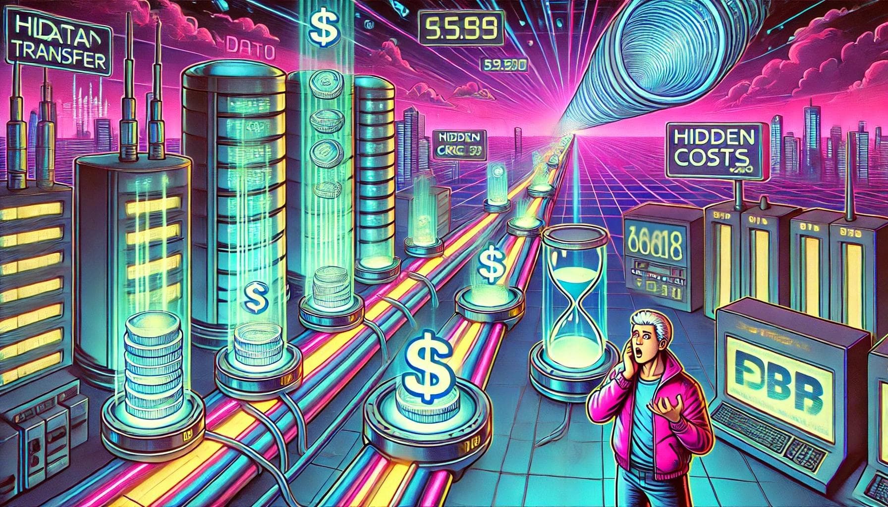 An 80s comic book-style illustration depicting a futuristic cyberpunk worker efficiently managing resources while maximizing cost savings. An 80s comic book-style illustration depicting a futuristic cyberpunk worker efficiently managing resources while maximizing cost savings.
