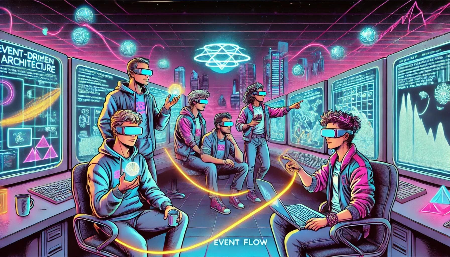 An 80s comic book-style illustration depicting the concept of best practices for engineering teams in Event-Driven Architecture (EDA). An 80s comic book-style illustration depicting the concept of best practices for engineering teams in Event-Driven Architecture (EDA).